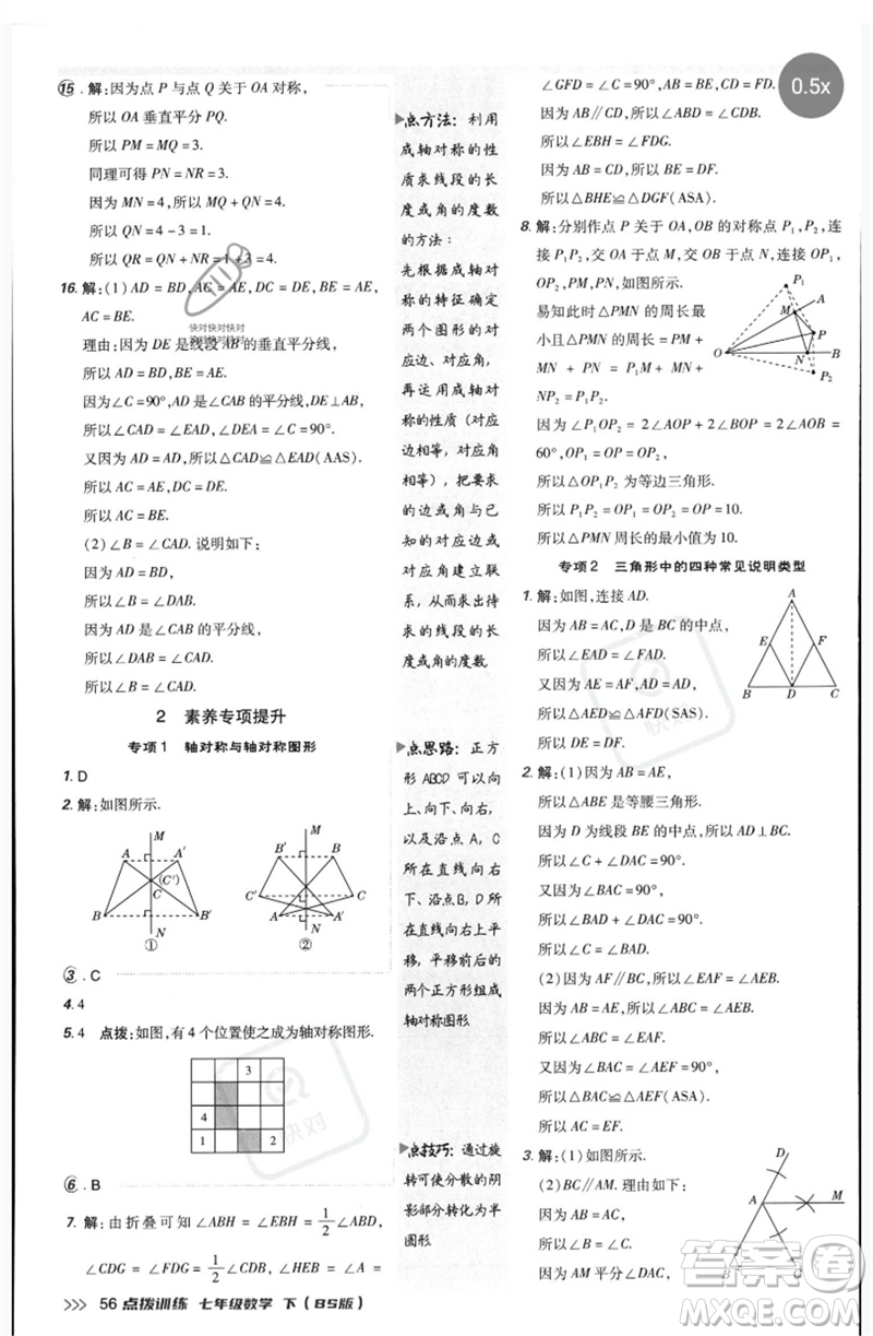 安徽教育出版社2023點(diǎn)撥訓(xùn)練七年級數(shù)學(xué)下冊北師大版參考答案