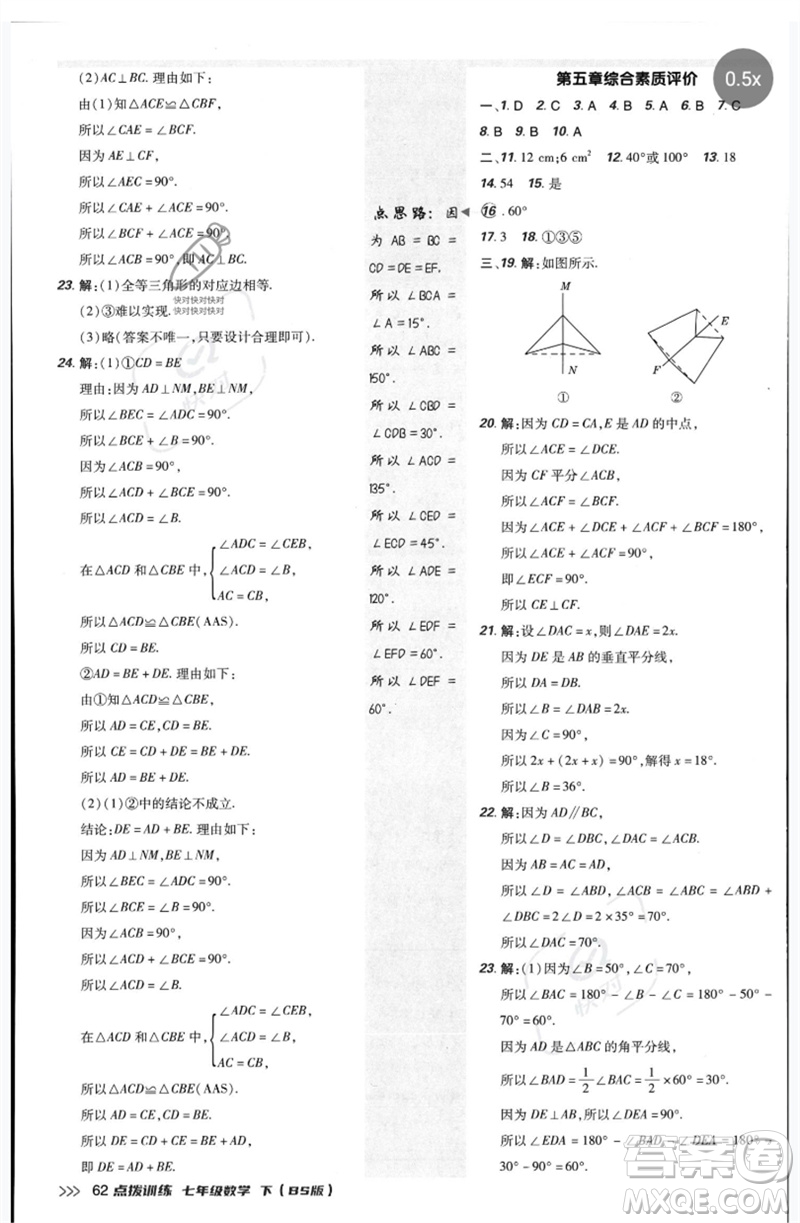 安徽教育出版社2023點(diǎn)撥訓(xùn)練七年級數(shù)學(xué)下冊北師大版參考答案