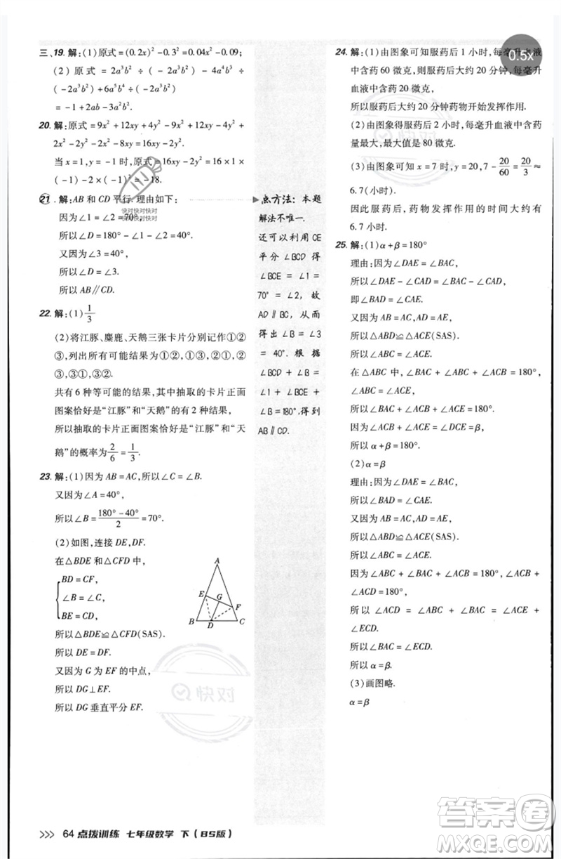 安徽教育出版社2023點(diǎn)撥訓(xùn)練七年級數(shù)學(xué)下冊北師大版參考答案