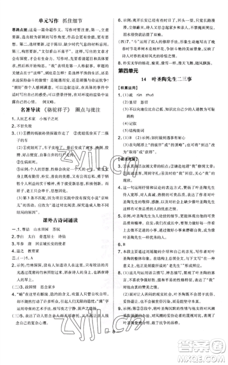 安徽教育出版社2023點(diǎn)撥訓(xùn)練七年級(jí)語文下冊(cè)人教版安徽專版參考答案