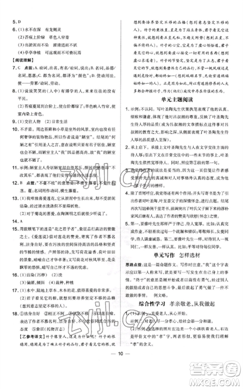 安徽教育出版社2023點(diǎn)撥訓(xùn)練七年級(jí)語文下冊(cè)人教版安徽專版參考答案