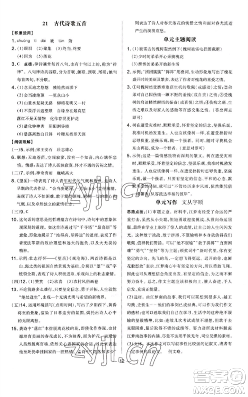 安徽教育出版社2023點(diǎn)撥訓(xùn)練七年級(jí)語文下冊(cè)人教版安徽專版參考答案