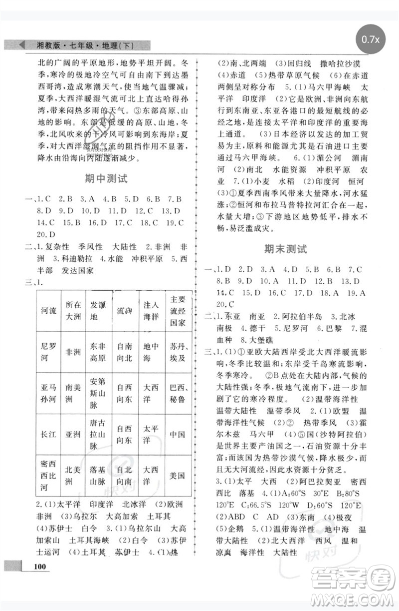 甘肅教育出版社2023名師點撥配套練習課時作業(yè)七年級地理下冊湘教版參考答案