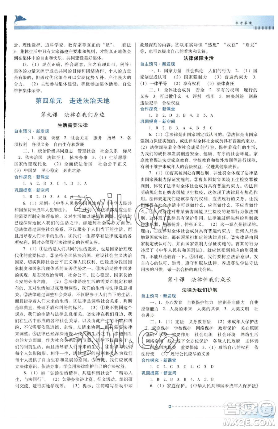 廣東教育出版社2023南方新課堂金牌學(xué)案七年級(jí)下冊(cè)道德與法治人教版參考答案