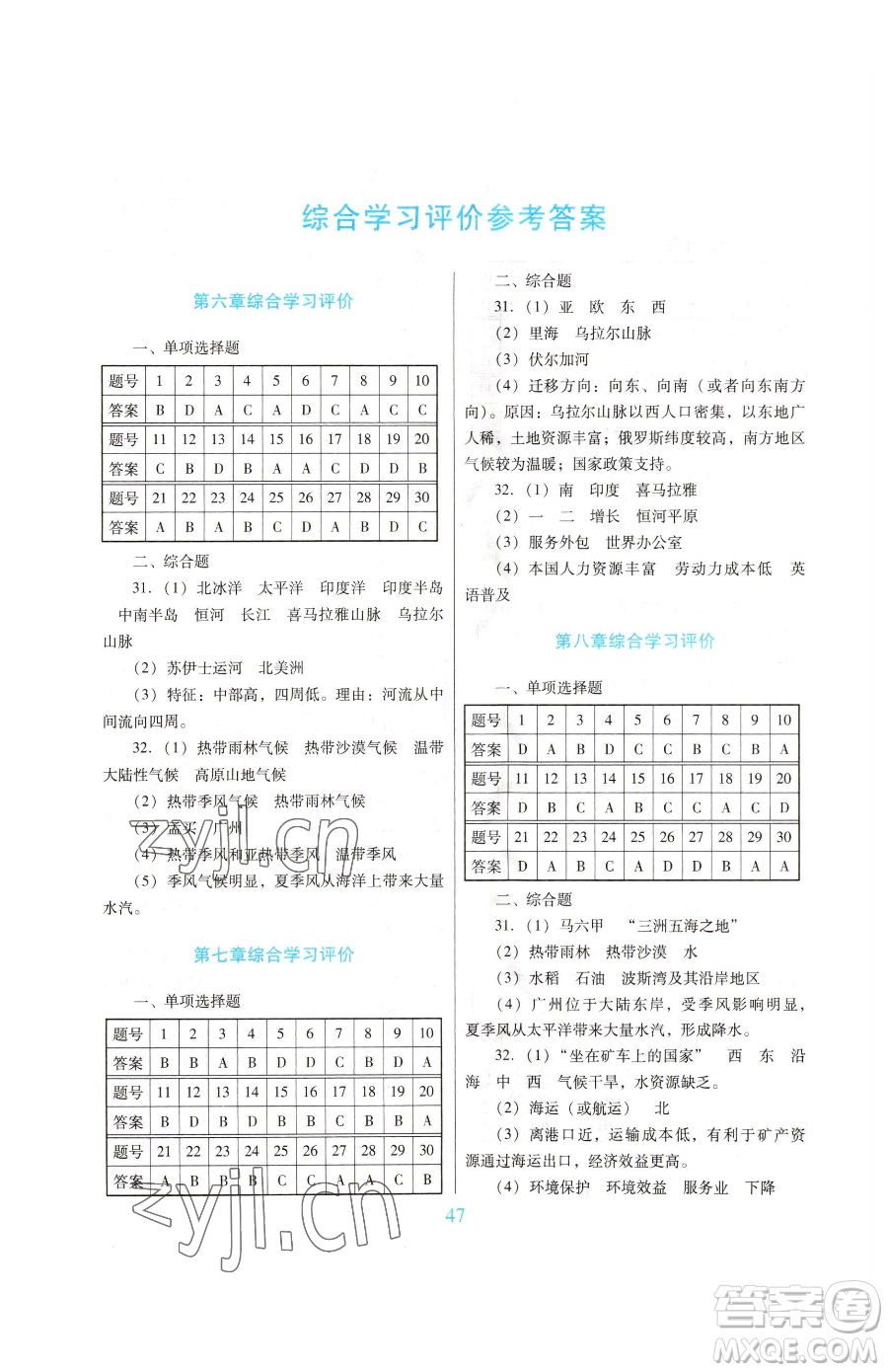 廣東教育出版社2023南方新課堂金牌學(xué)案七年級(jí)下冊(cè)地理人教版參考答案