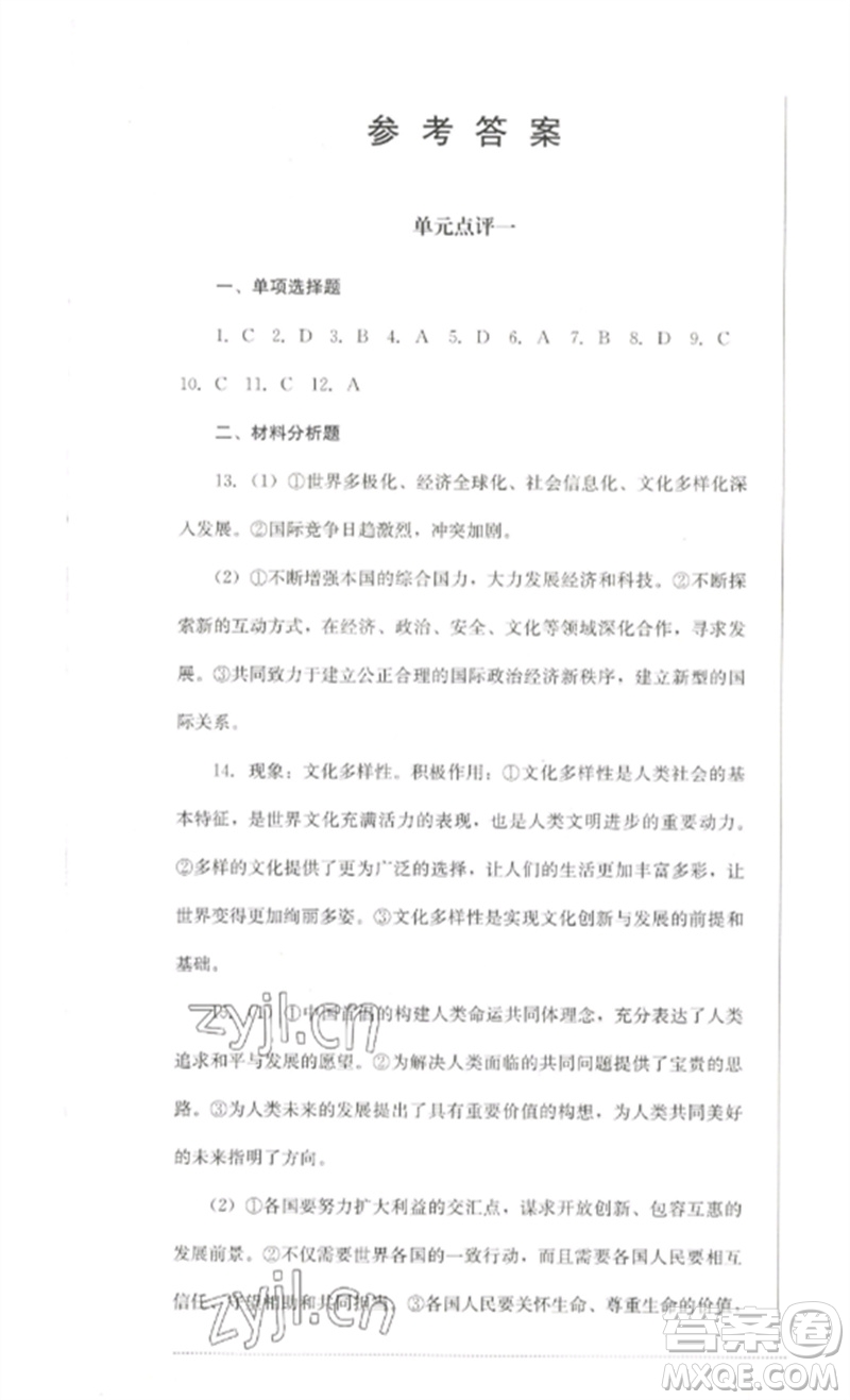 四川教育出版社2023學(xué)情點(diǎn)評九年級道德與法治下冊人教版參考答案