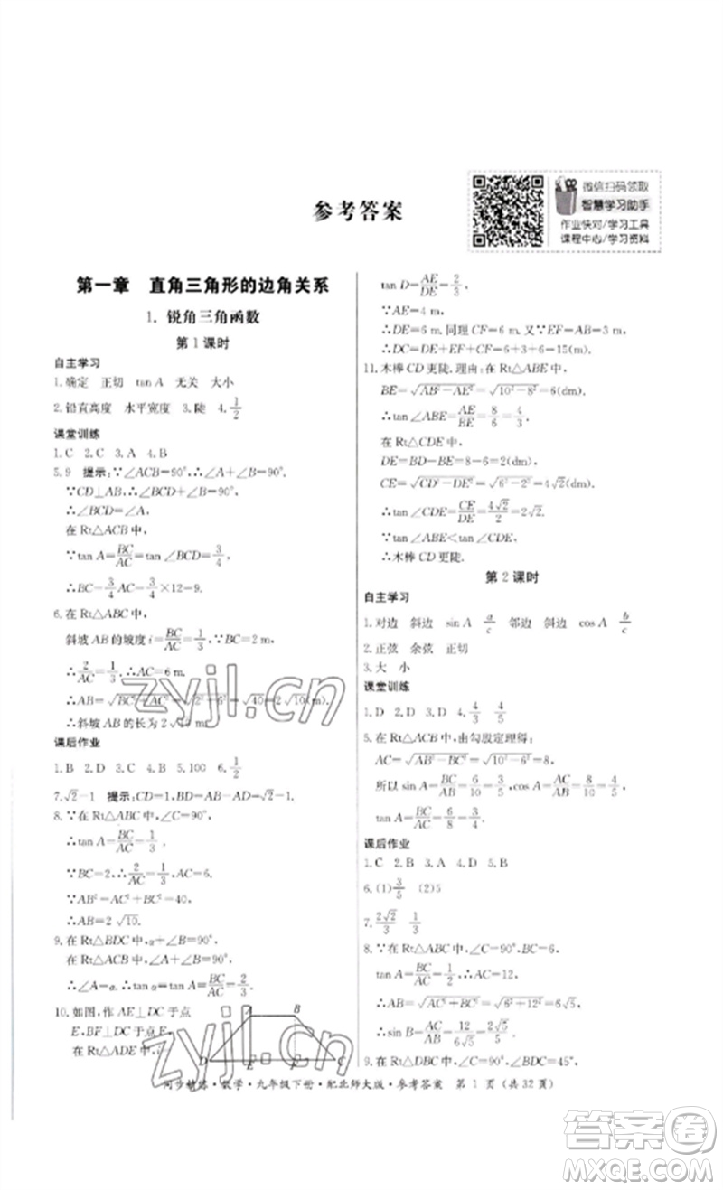 廣東人民出版社2023名師小課堂同步精練九年級數學下冊北師大版參考答案