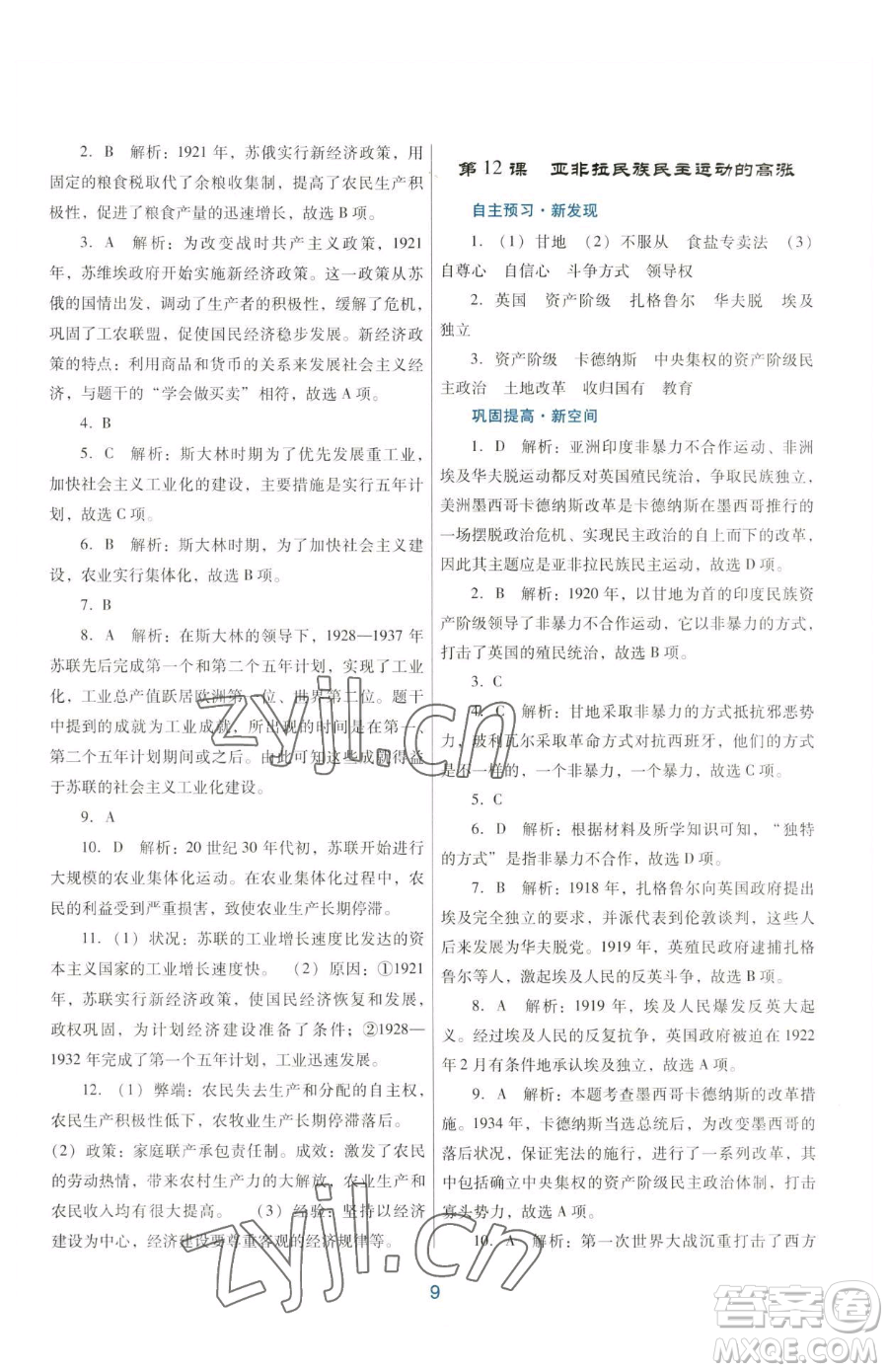 廣東教育出版社2023南方新課堂金牌學(xué)案九年級下冊歷史人教版參考答案