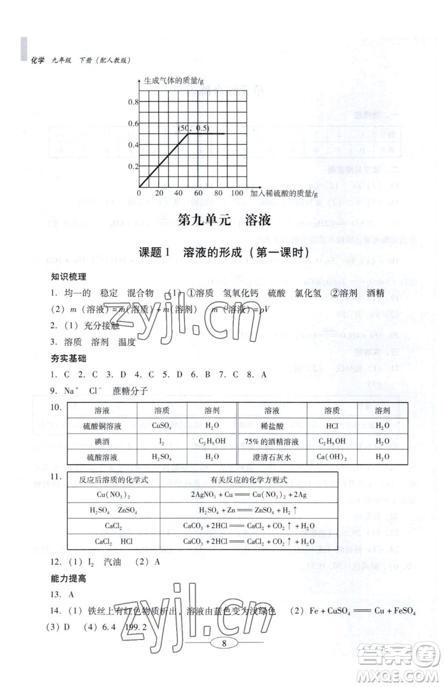 廣東教育出版社2023南方新課堂金牌學(xué)案九年級下冊化學(xué)人教版珠海專版參考答案