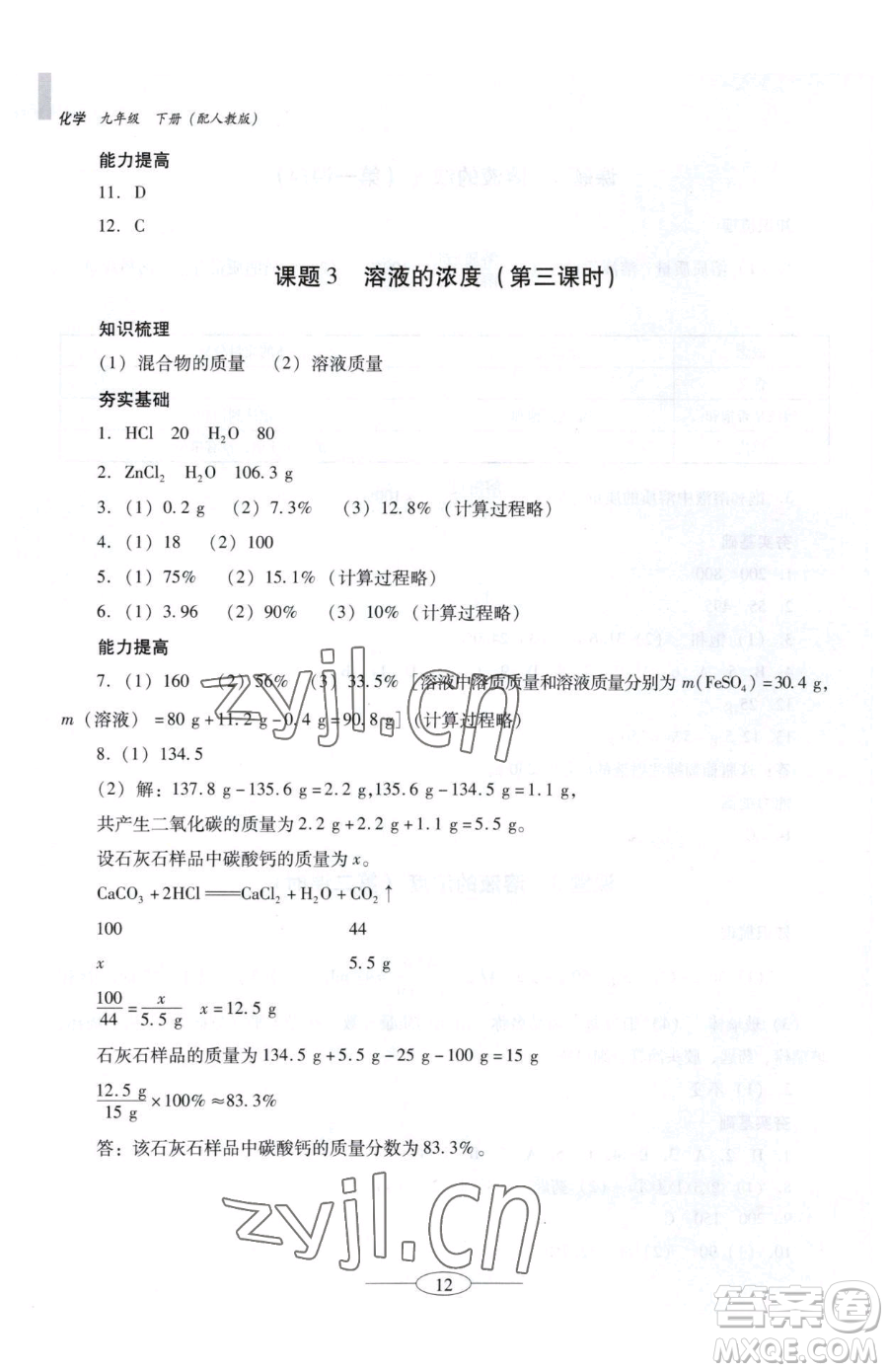 廣東教育出版社2023南方新課堂金牌學(xué)案九年級下冊化學(xué)人教版珠海專版參考答案