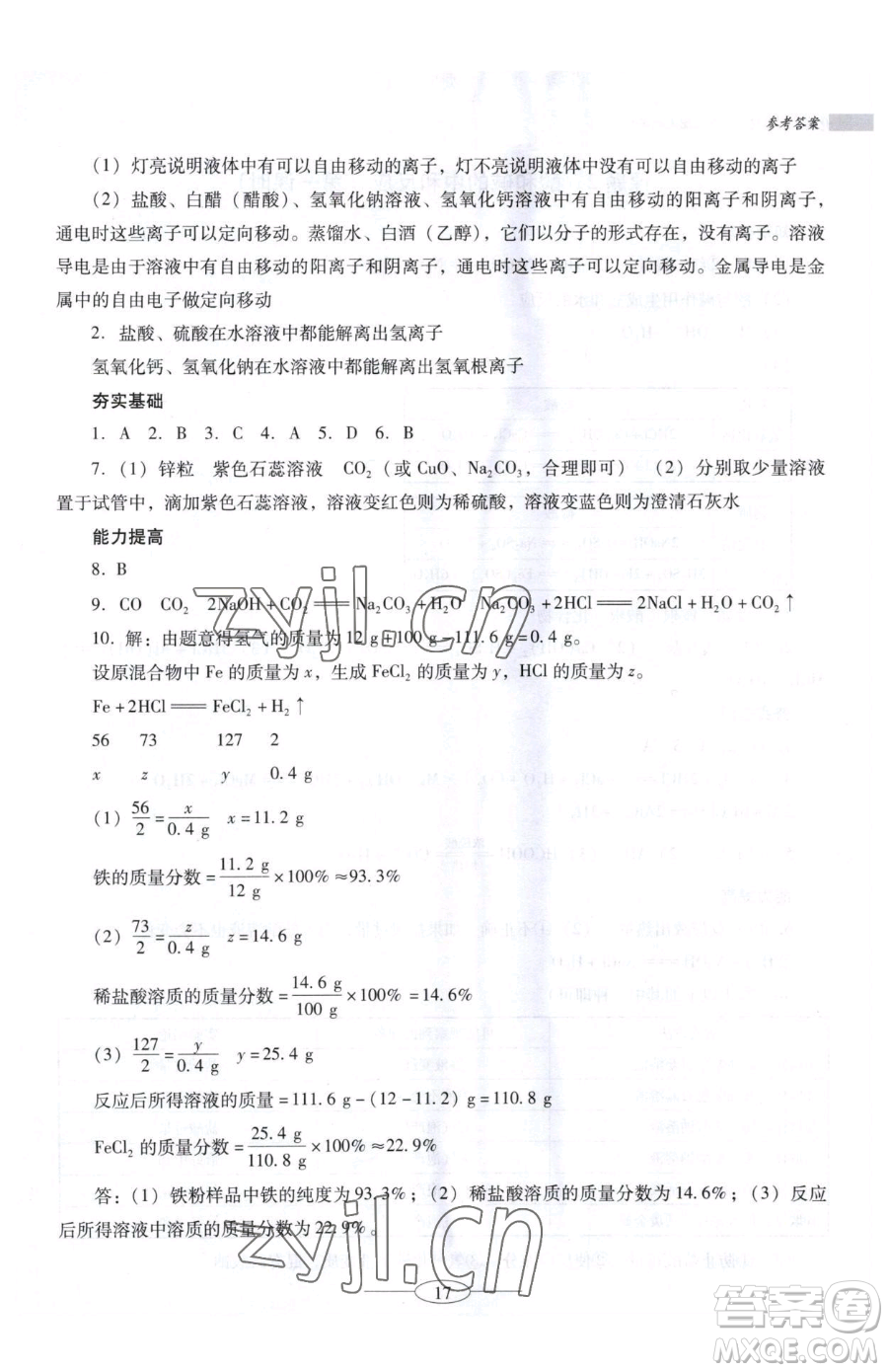 廣東教育出版社2023南方新課堂金牌學(xué)案九年級下冊化學(xué)人教版珠海專版參考答案