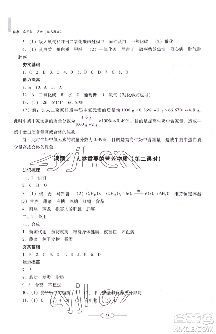 廣東教育出版社2023南方新課堂金牌學(xué)案九年級下冊化學(xué)人教版珠海專版參考答案