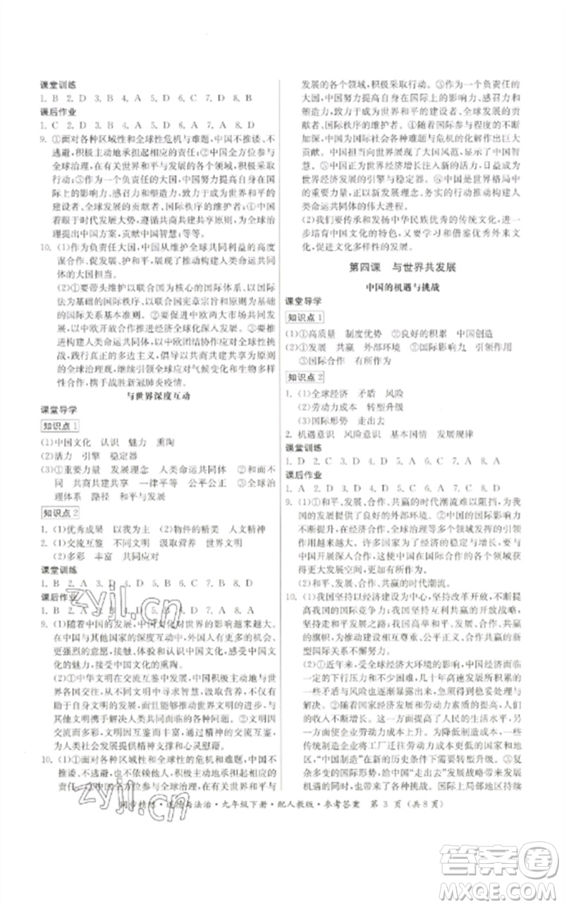 廣東教育出版社2023名師小課堂同步精練九年級道德與法治下冊人教版參考答案