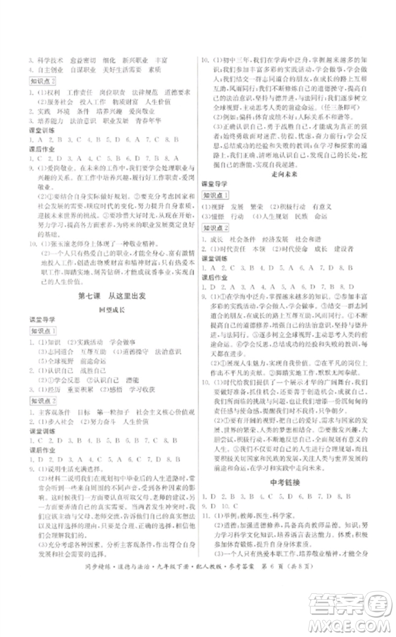 廣東教育出版社2023名師小課堂同步精練九年級道德與法治下冊人教版參考答案