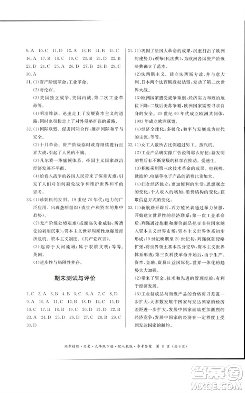 廣東教育出版社2023名師小課堂同步精練九年級歷史下冊人教版參考答案