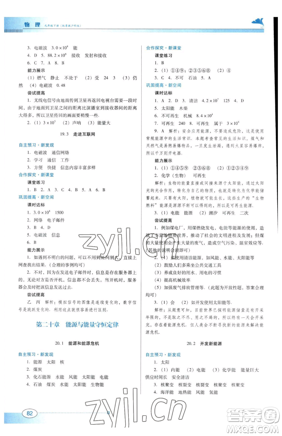 廣東教育出版社2023南方新課堂金牌學案九年級下冊物理滬粵版參考答案