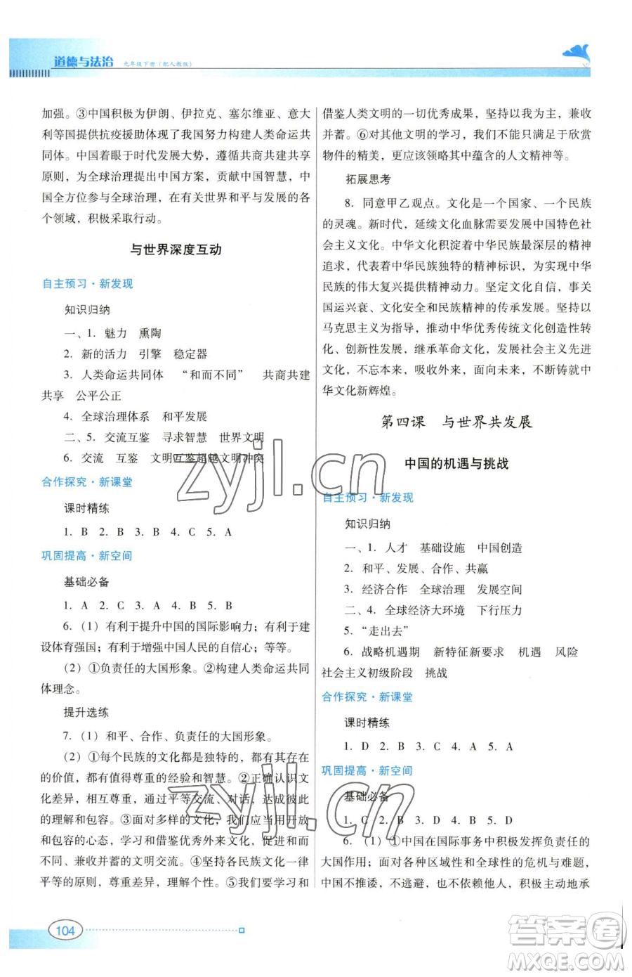 廣東教育出版社2023南方新課堂金牌學(xué)案九年級(jí)下冊(cè)道德與法治人教版參考答案