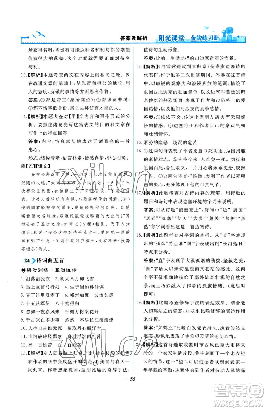 人民教育出版社2023陽(yáng)光課堂金牌練習(xí)冊(cè)九年級(jí)下冊(cè)語(yǔ)文人教版參考答案