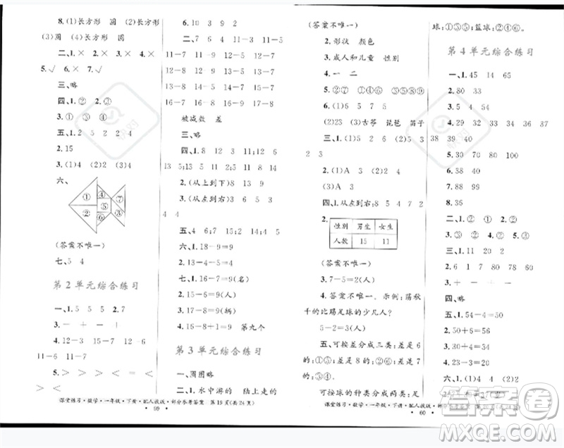 貴州人民出版社2023課堂練習一年級數(shù)學下冊人教版參考答案