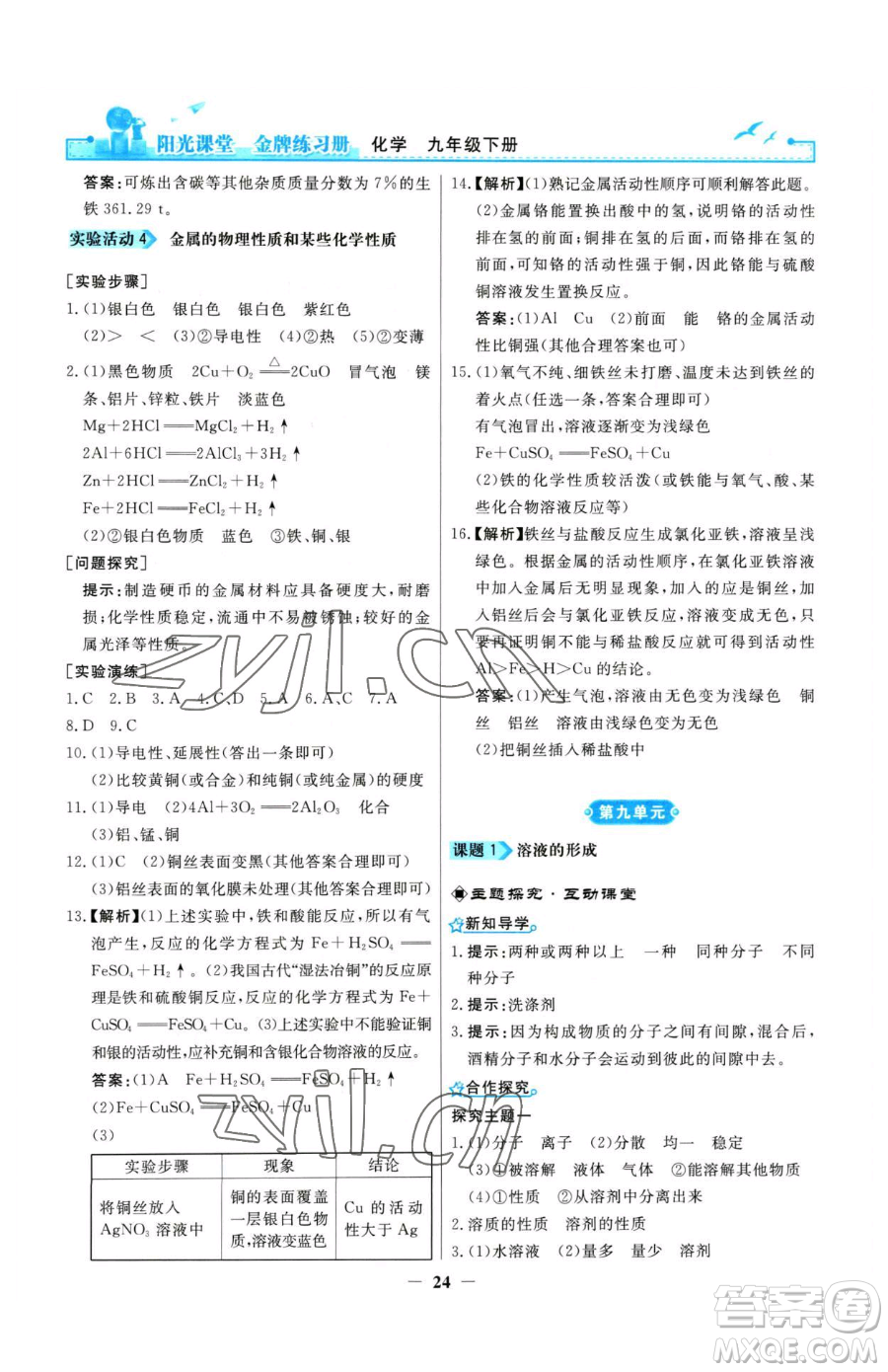 人民教育出版社2023陽光課堂金牌練習(xí)冊九年級下冊化學(xué)人教版參考答案