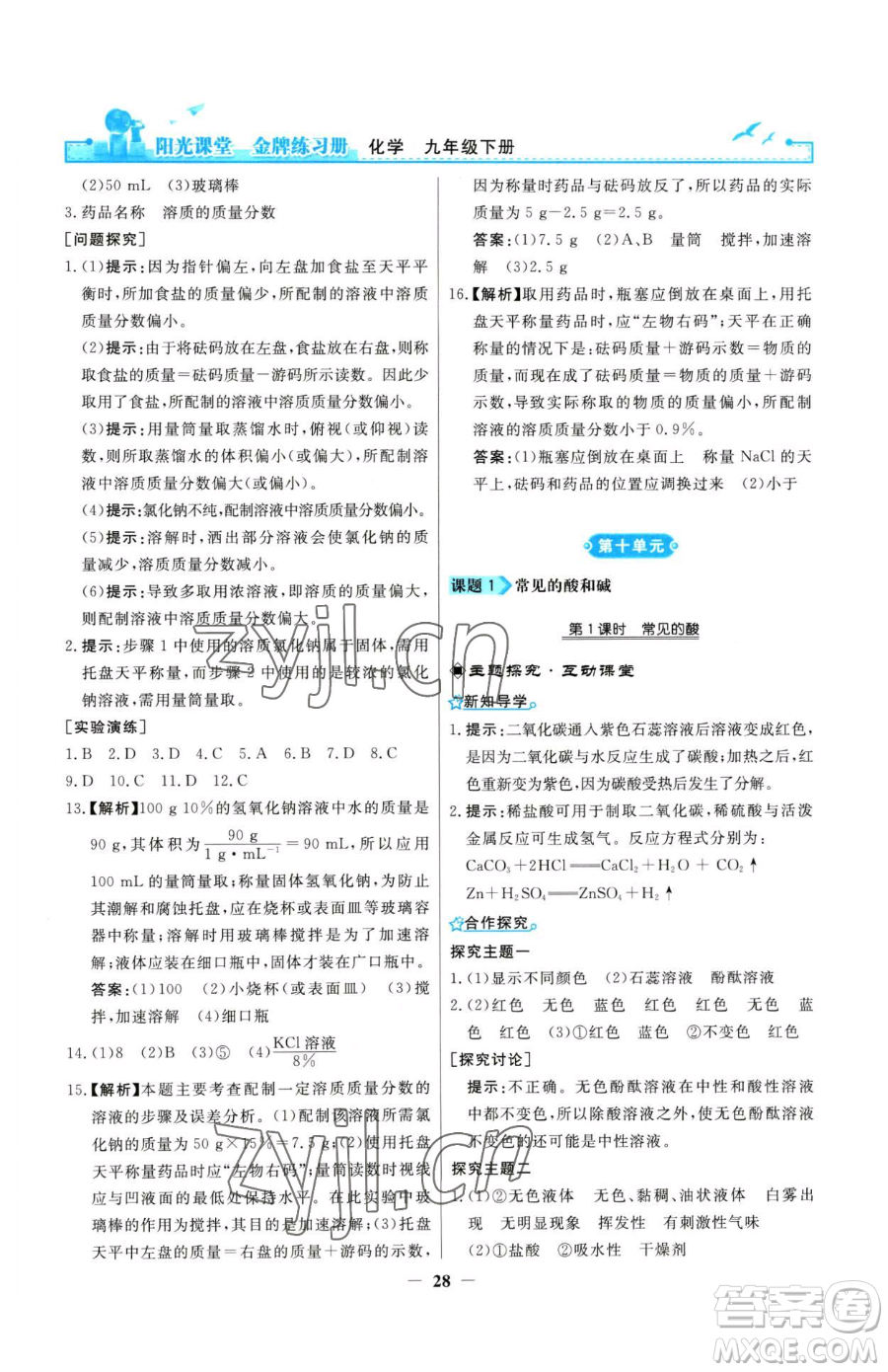 人民教育出版社2023陽光課堂金牌練習(xí)冊九年級下冊化學(xué)人教版參考答案