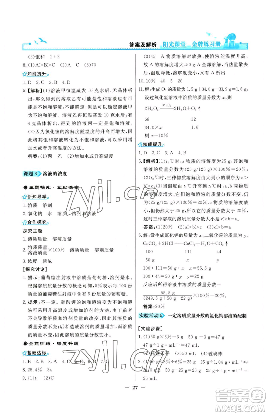 人民教育出版社2023陽光課堂金牌練習(xí)冊九年級下冊化學(xué)人教版參考答案