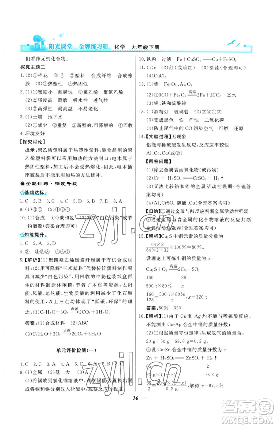 人民教育出版社2023陽光課堂金牌練習(xí)冊九年級下冊化學(xué)人教版參考答案