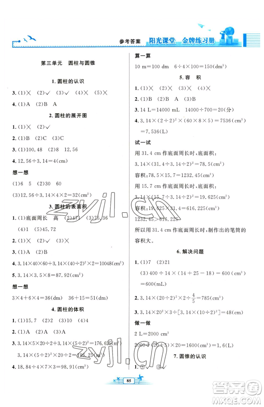 人民教育出版社2023陽光課堂金牌練習(xí)冊六年級下冊數(shù)學(xué)人教版參考答案