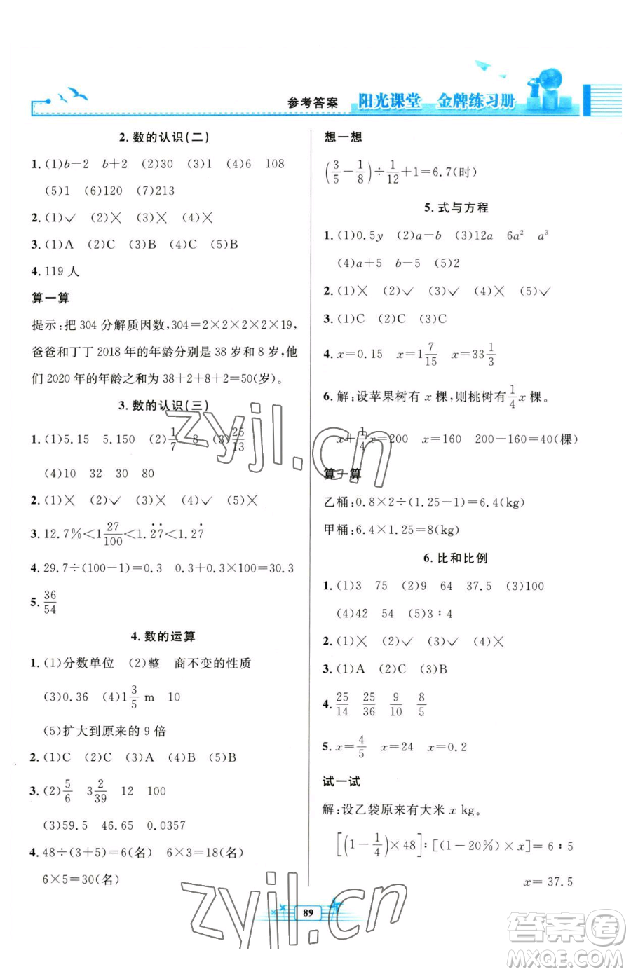 人民教育出版社2023陽光課堂金牌練習(xí)冊六年級下冊數(shù)學(xué)人教版參考答案