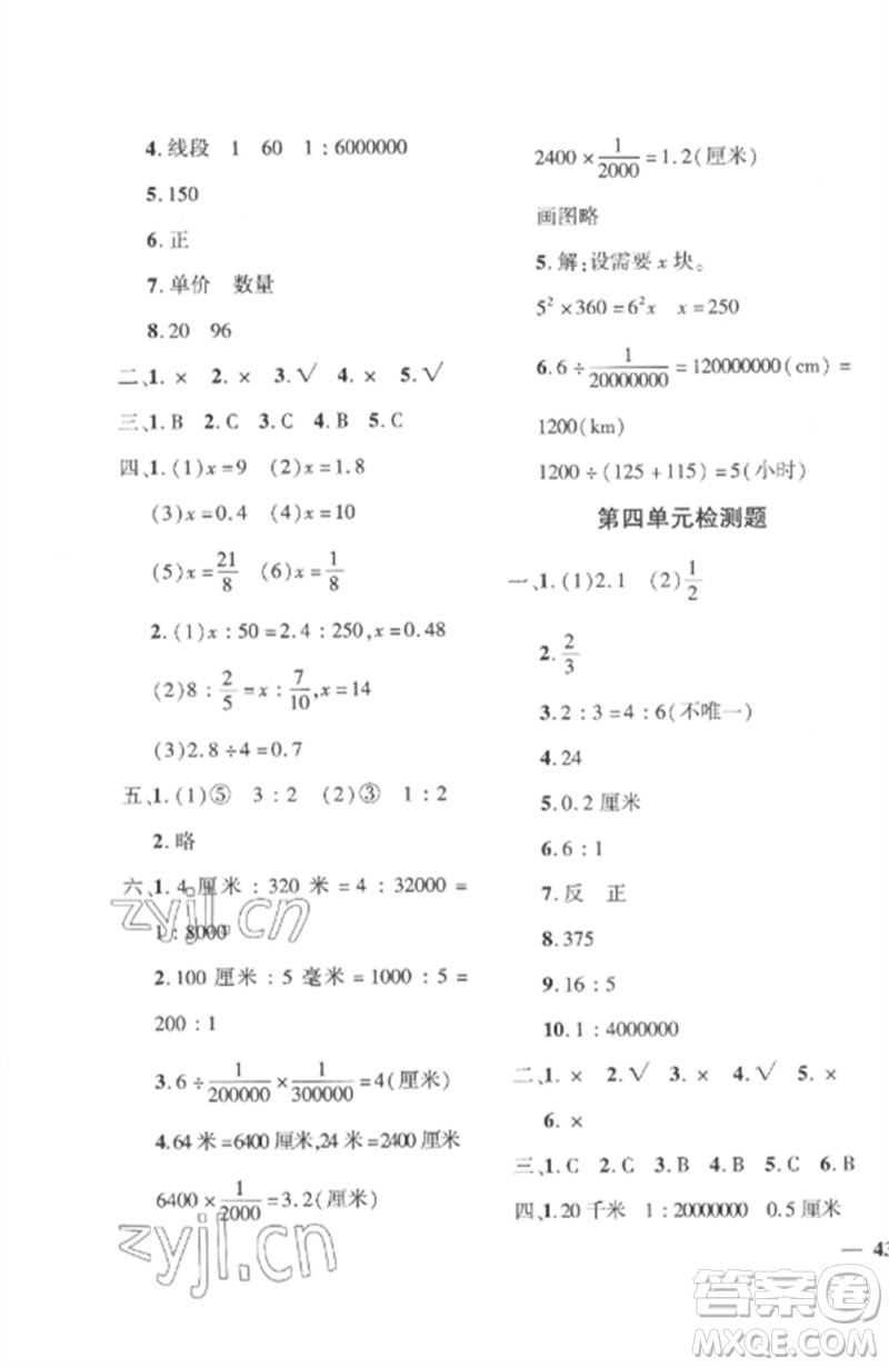 濟南出版社2023教育世家狀元卷六年級數(shù)學下冊人教版參考答案