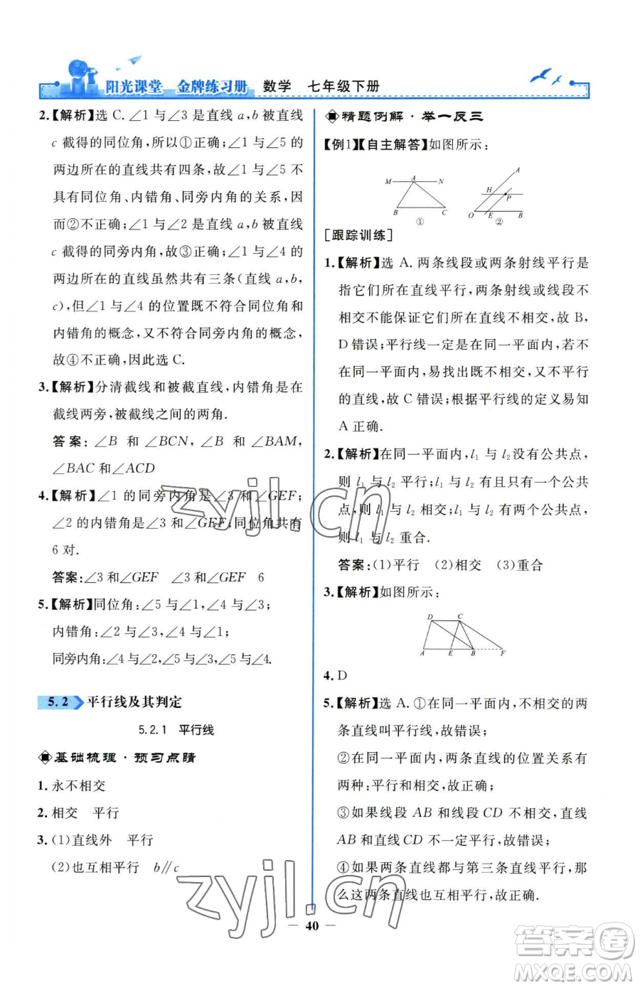 人民教育出版社2023陽光課堂金牌練習(xí)冊七年級下冊數(shù)學(xué)人教版參考答案