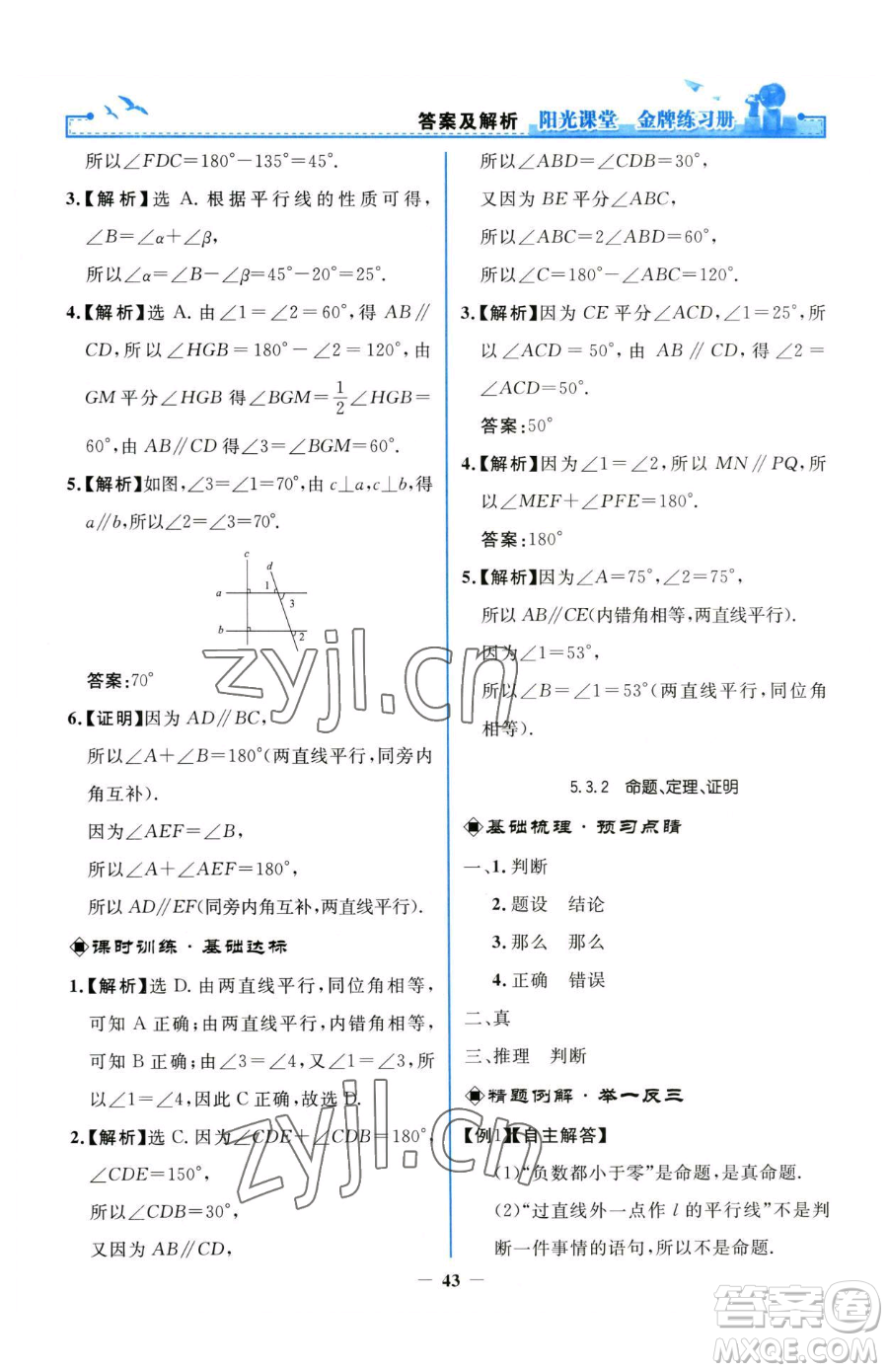 人民教育出版社2023陽光課堂金牌練習(xí)冊七年級下冊數(shù)學(xué)人教版參考答案