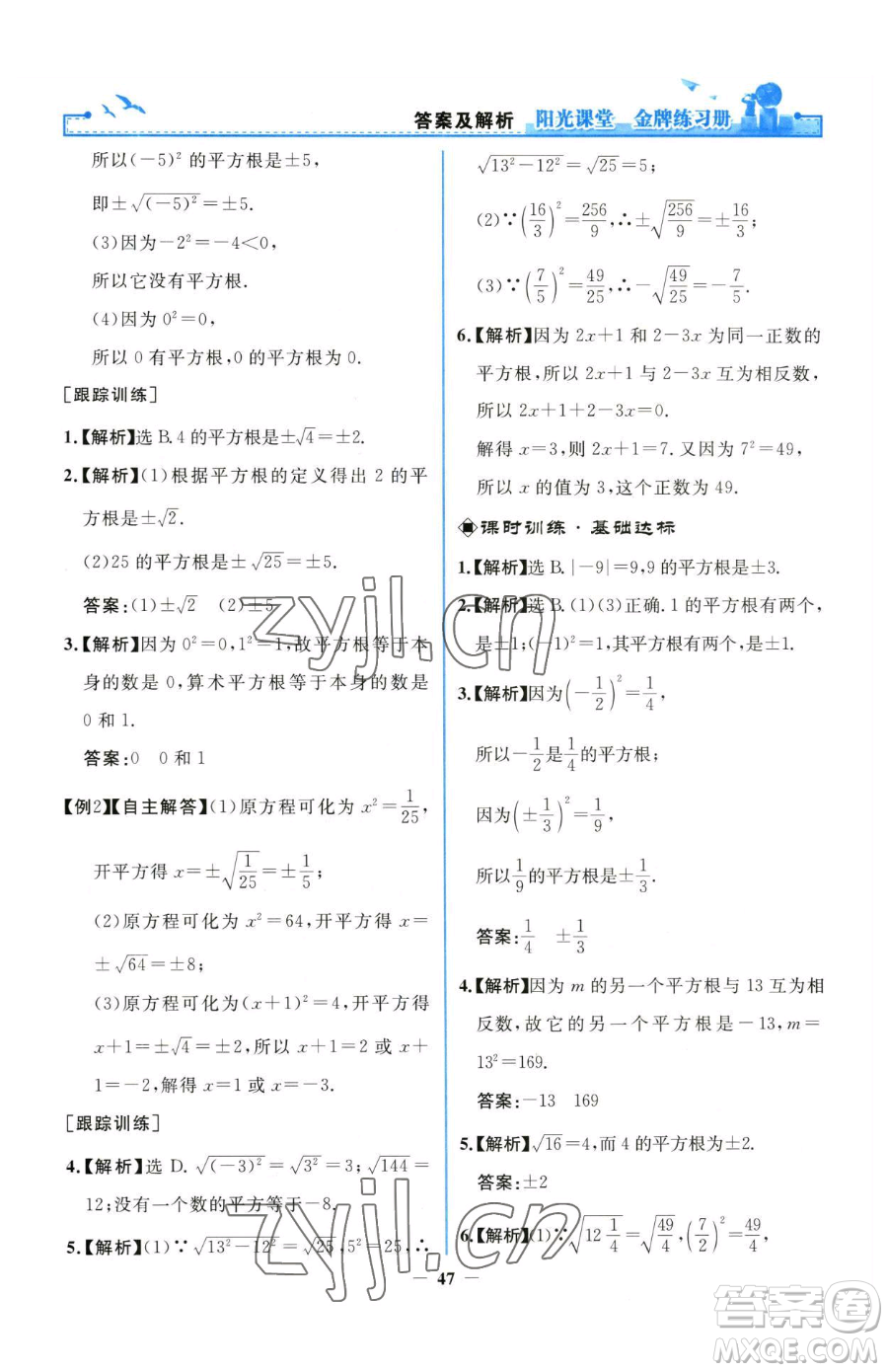 人民教育出版社2023陽光課堂金牌練習(xí)冊七年級下冊數(shù)學(xué)人教版參考答案