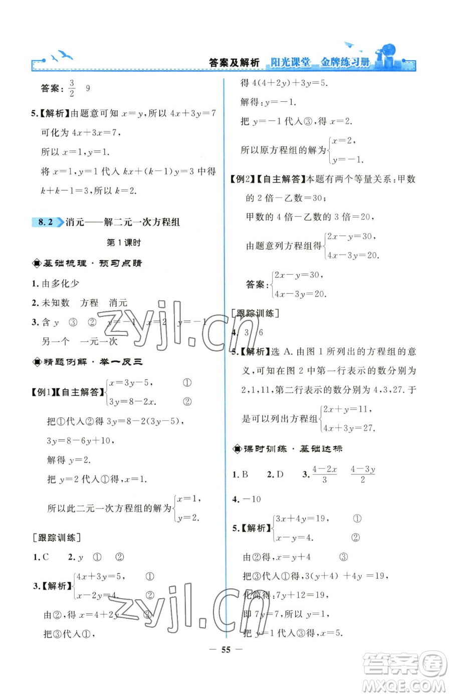 人民教育出版社2023陽光課堂金牌練習(xí)冊七年級下冊數(shù)學(xué)人教版參考答案