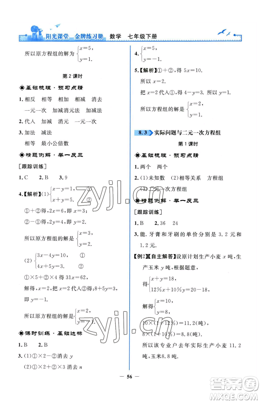 人民教育出版社2023陽光課堂金牌練習(xí)冊七年級下冊數(shù)學(xué)人教版參考答案