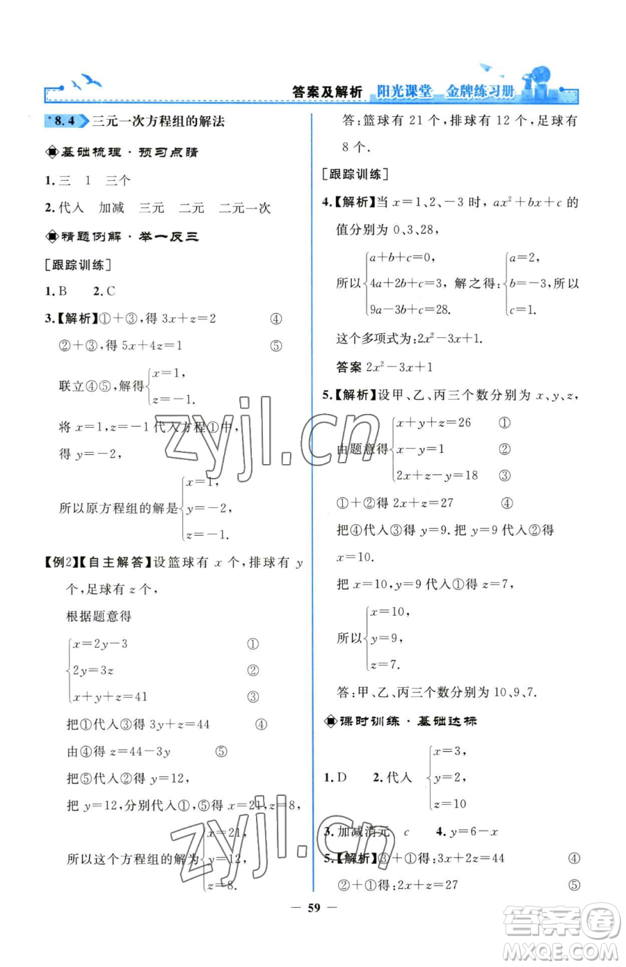 人民教育出版社2023陽光課堂金牌練習(xí)冊七年級下冊數(shù)學(xué)人教版參考答案