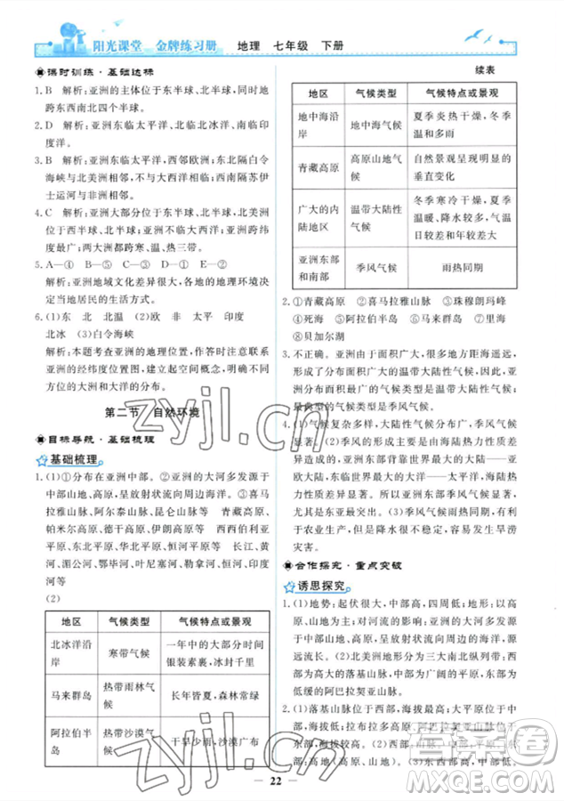 人民教育出版社2023陽(yáng)光課堂金牌練習(xí)冊(cè)七年級(jí)下冊(cè)地理人教版參考答案