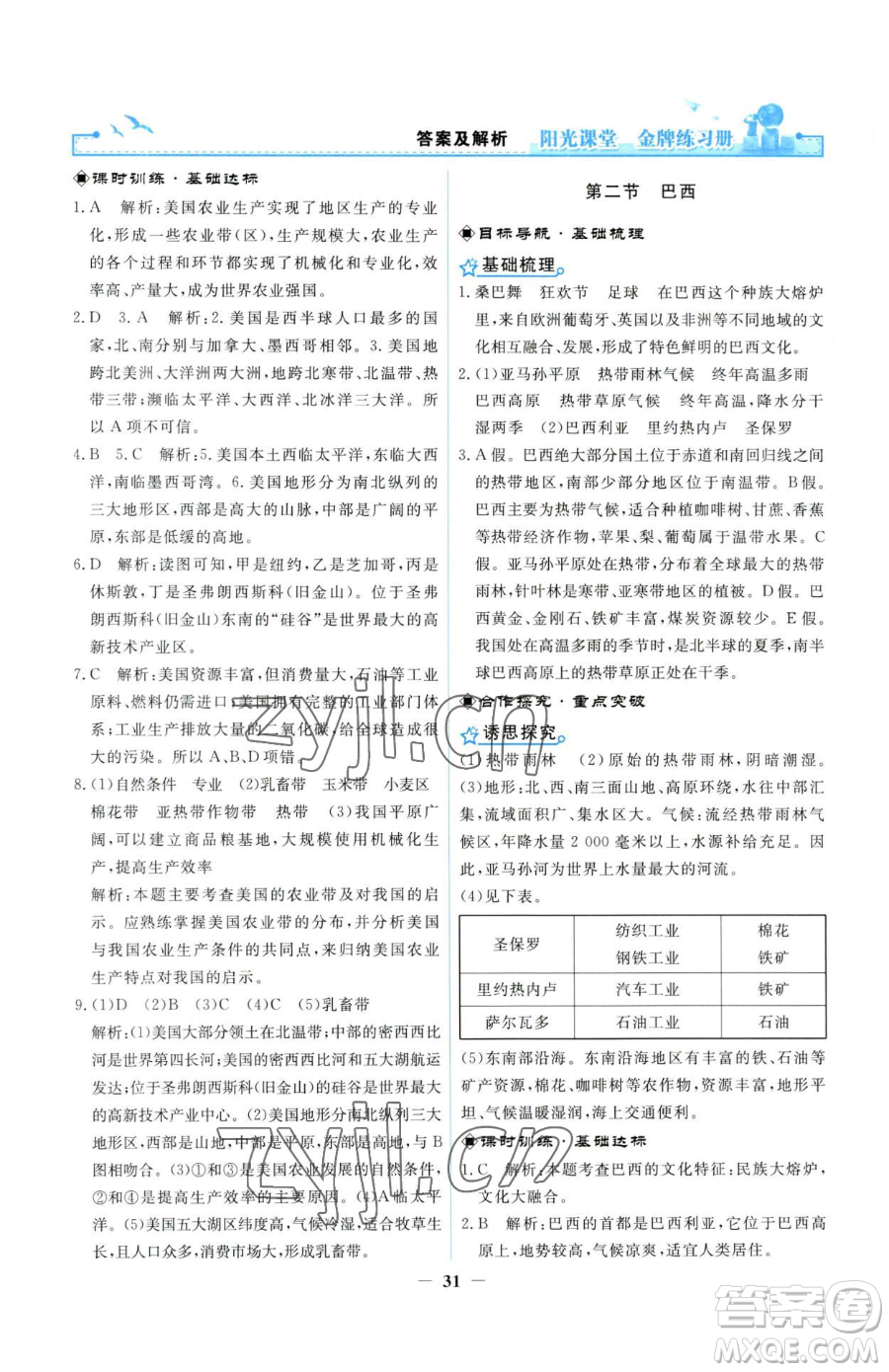 人民教育出版社2023陽(yáng)光課堂金牌練習(xí)冊(cè)七年級(jí)下冊(cè)地理人教版參考答案