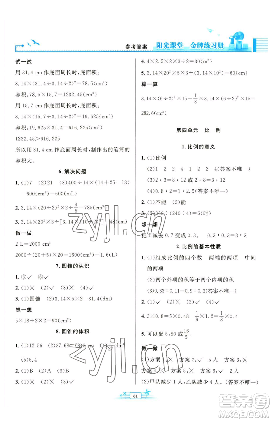 人民教育出版社2023陽光課堂金牌練習冊六年級下冊數(shù)學人教版福建專版參考答案