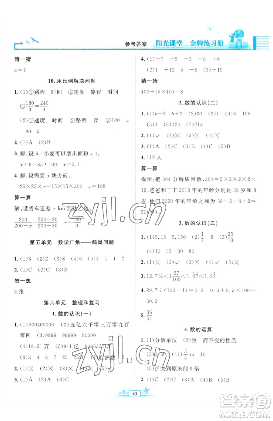 人民教育出版社2023陽光課堂金牌練習冊六年級下冊數(shù)學人教版福建專版參考答案