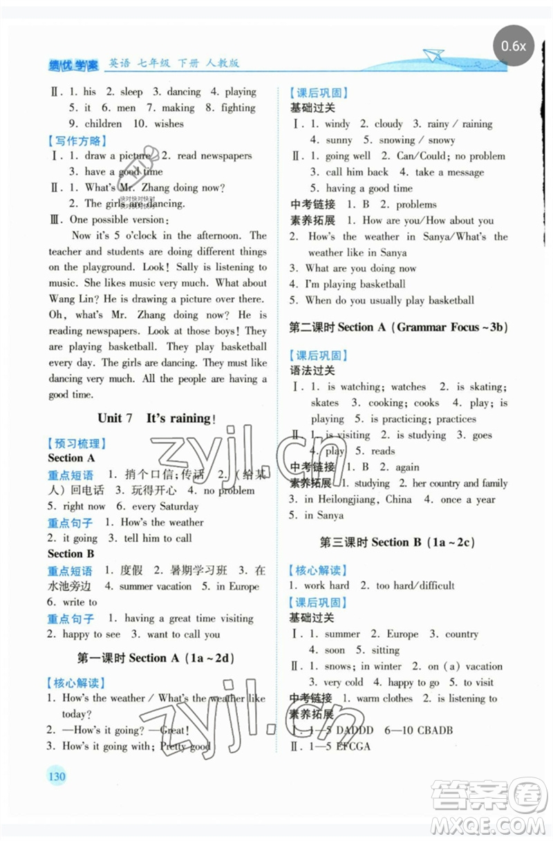 人民教育出版社2023績(jī)優(yōu)學(xué)案七年級(jí)英語(yǔ)下冊(cè)人教版參考答案