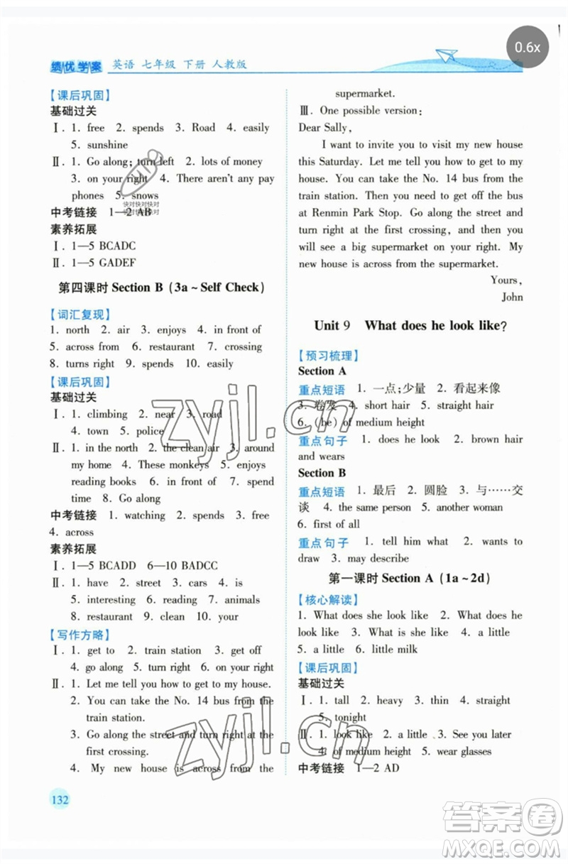 人民教育出版社2023績(jī)優(yōu)學(xué)案七年級(jí)英語(yǔ)下冊(cè)人教版參考答案