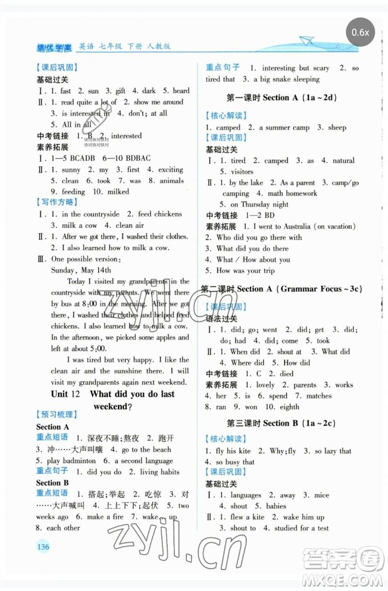 人民教育出版社2023績(jī)優(yōu)學(xué)案七年級(jí)英語(yǔ)下冊(cè)人教版參考答案