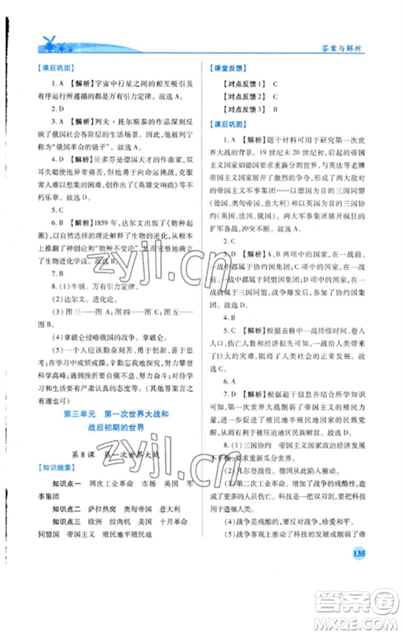 人民教育出版社2023績優(yōu)學案九年級世界歷史下冊人教版參考答案