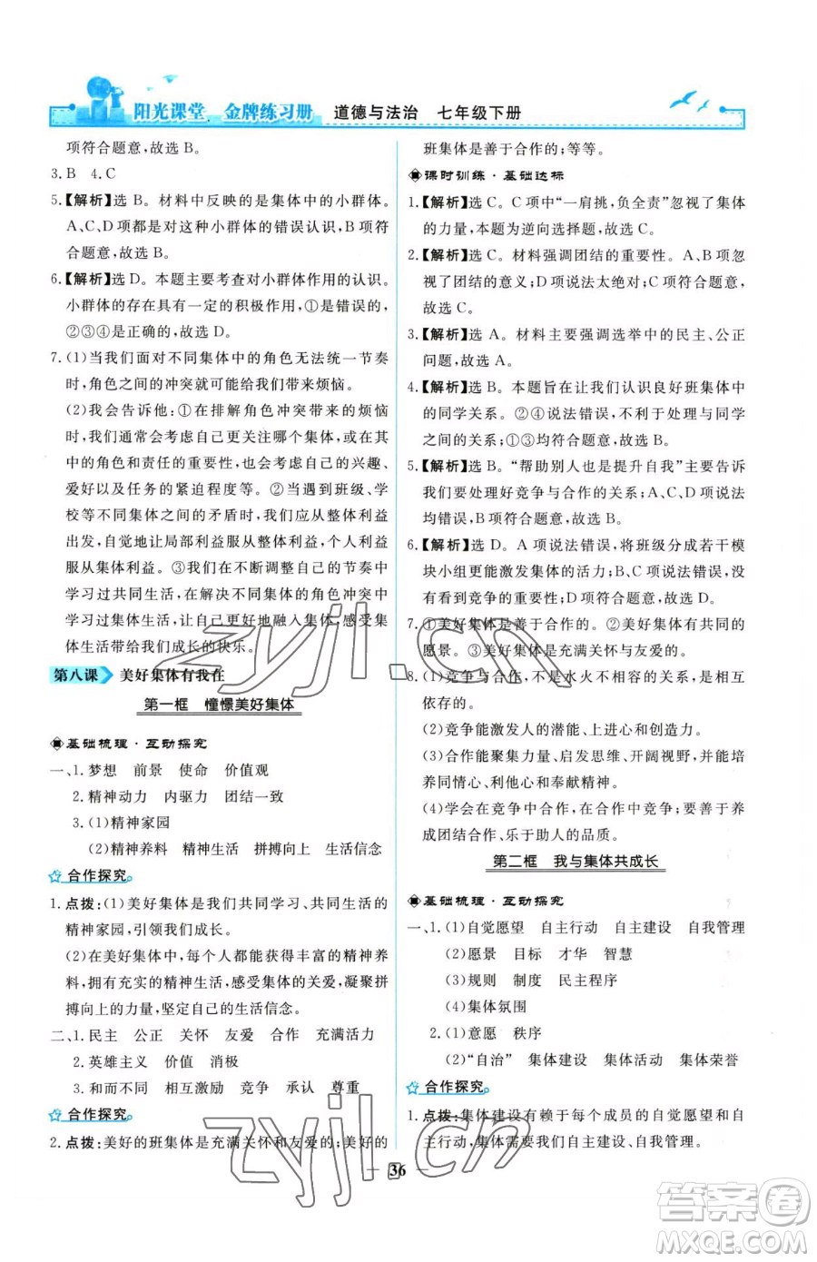 人民教育出版社2023陽光課堂金牌練習(xí)冊七年級下冊道德與法治人教版參考答案