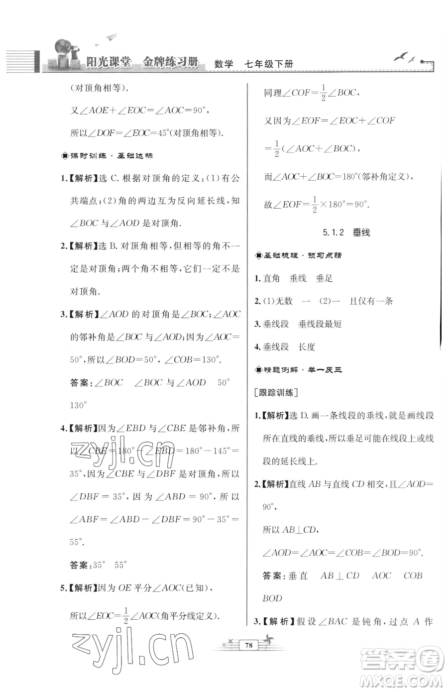 人民教育出版社2023陽(yáng)光課堂金牌練習(xí)冊(cè)七年級(jí)下冊(cè)數(shù)學(xué)人教版福建專版參考答案