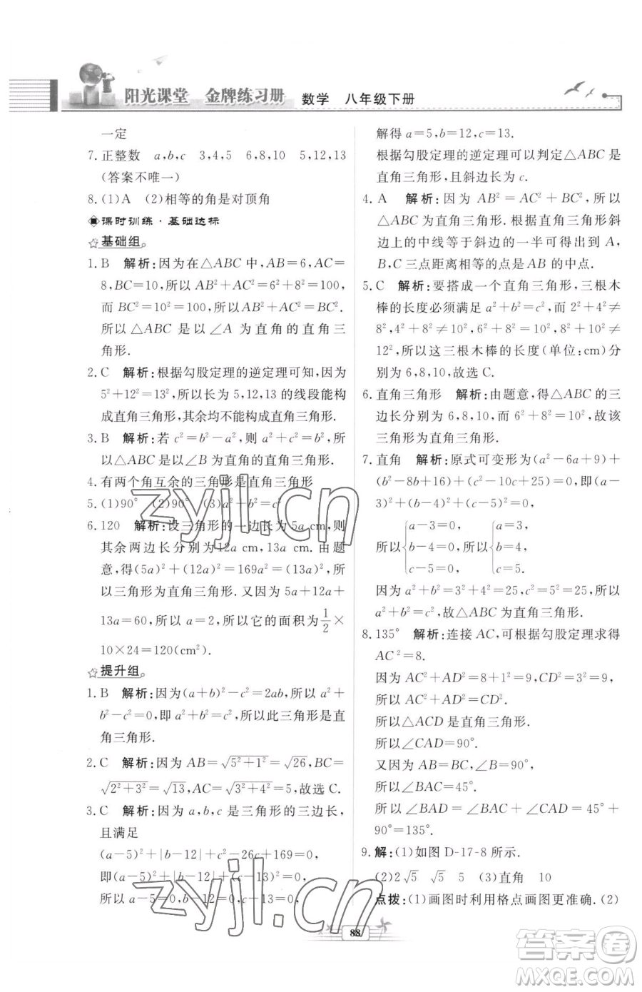 人民教育出版社2023陽(yáng)光課堂金牌練習(xí)冊(cè)八年級(jí)下冊(cè)數(shù)學(xué)人教版福建專(zhuān)版參考答案