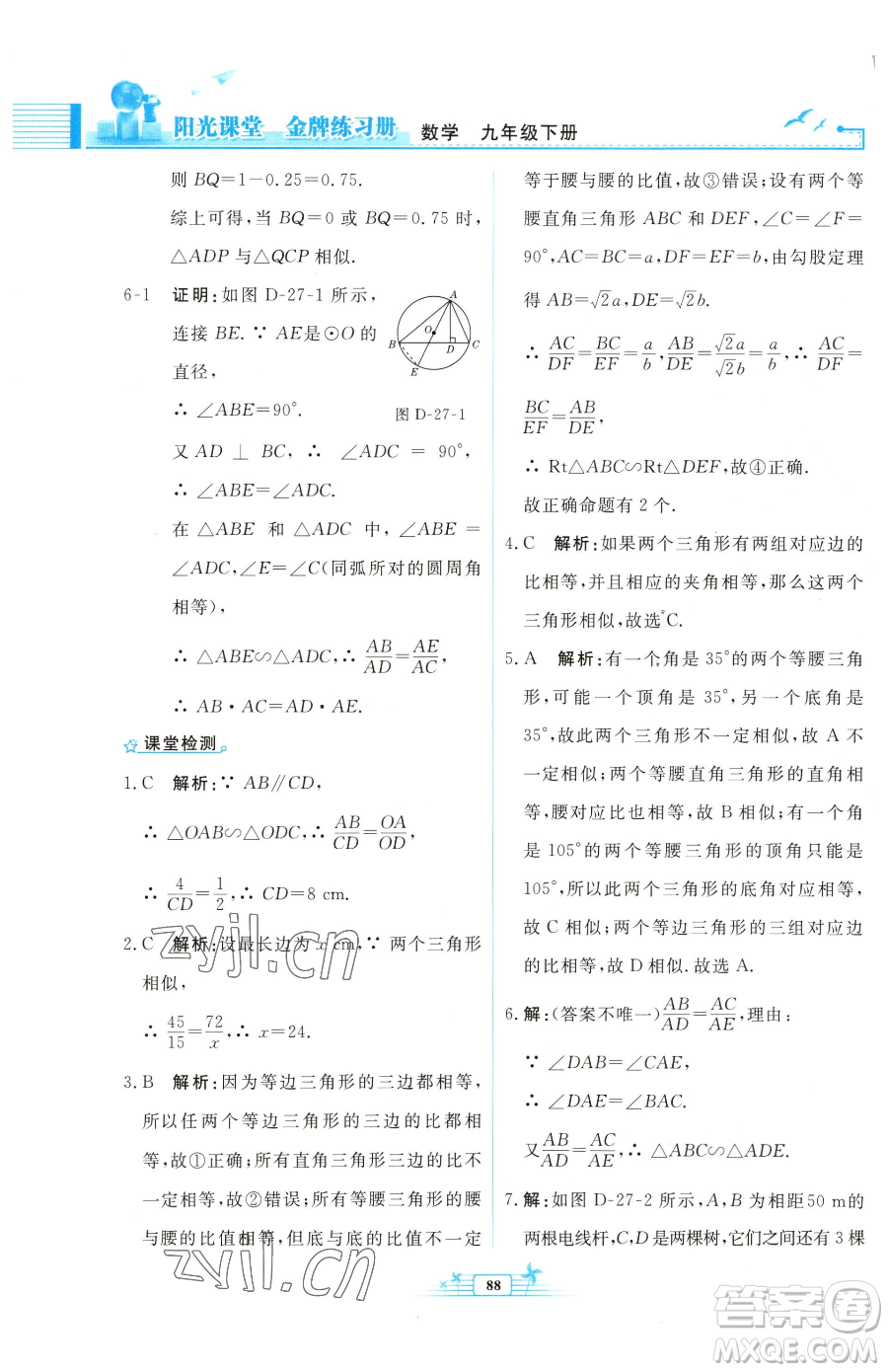 人民教育出版社2023陽光課堂金牌練習(xí)冊九年級下冊數(shù)學(xué)人教版福建專版參考答案