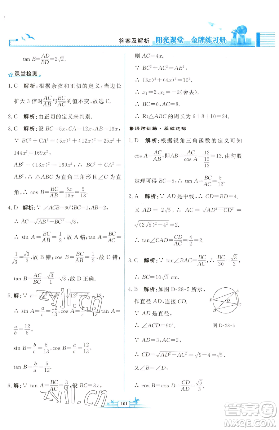 人民教育出版社2023陽光課堂金牌練習(xí)冊九年級下冊數(shù)學(xué)人教版福建專版參考答案