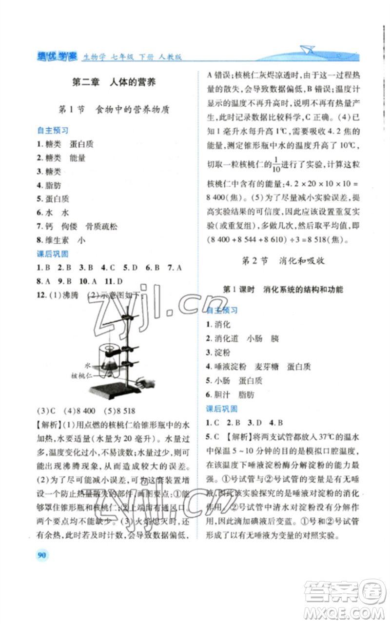 人民教育出版社2023績(jī)優(yōu)學(xué)案七年級(jí)生物下冊(cè)人教版參考答案